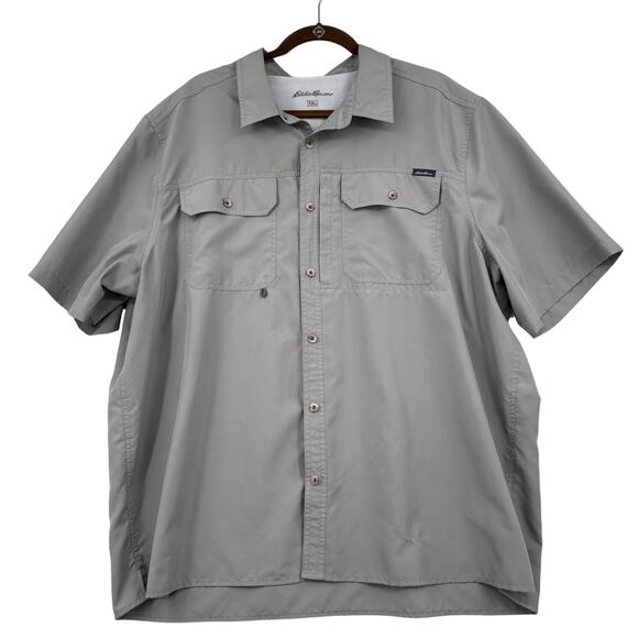 Eddie Bauer Button Up Shirt Mens Size XXL Gray Short Sleeve Camp Fishing Vented - Picture 1 of 12
